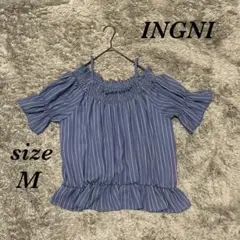 イング (M) フリル カットソー ストライプ柄 肩紐付き 首元ゴム 薄手