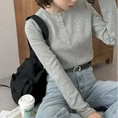 DISCOAT ワッフルボーダー 長袖Tシャツ グレー ヘンリーネック