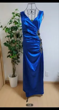 【綺麗】パーティードレス　ロング光沢ブルー 装飾 Vネック スリット