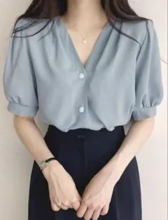 ボタンフロント パフスリーブ ブラウス シャツ レディース