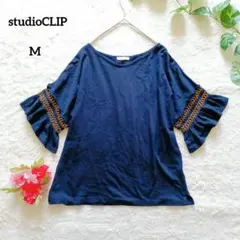 スタジオクリップ カットソー フリル袖 刺繍 紺 M チュニック ゆったり