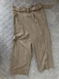 大きいサイズ グレー チェック柄 ワイドパンツ ベルト付き