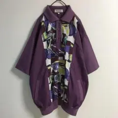 レトロ 古着 アート 半比翼前立て リブ襟 プルオーバーシャツ 半袖 メンズL