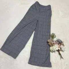 【ジーユー】GU ワイドパンツ チェック柄 サスペンダーなし グレー S