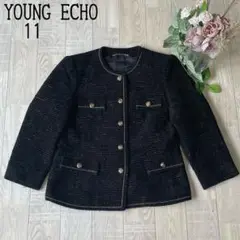 【YOUNG ECHO】日本製　ツイードノーカラージャケット　金ボタン　黒11号