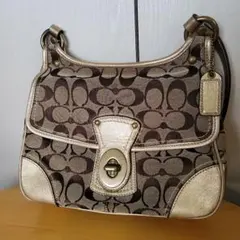 Coach ロゴ柄 ショルダーバッグ ブラウン/ゴールド