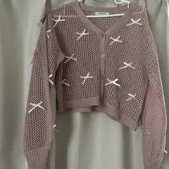 ネット編みピンクカーディガン Mサイズ 韓国 春服夏服 カジュアル ガーリー