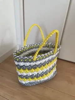 ハンドメイド 編み込みトートバッグ イエロー グレー ホワイト