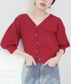 natural couture メッシュ編みクリア釦カーディガン　レッド