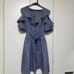 ストライプ オフショルダー 半袖ワンピース M