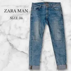 ザラマン　デニムパンツ　ジーンズ　スキニー　ダメージ加工　カジュアル　インディゴ