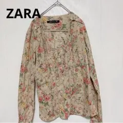 ZARA 花柄ブラウス レディース フリル ピンタック 長袖 ベージュ 可愛いのサムネイル