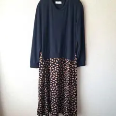 Ad thie ロングワンピース 異素材フレアワンピース ネイビー フリー