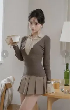 Darichシャツドッキングプリーツミニワンピース　モカ Fサイズ