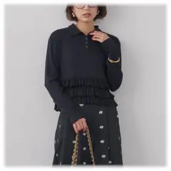 フリルヘムポロカラープルオーバー/ブラック　frene