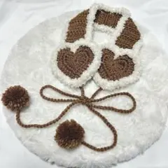 ハート イヤーマフ ハンドメイド 編み物 フワフワ リボン ライトブラウン×白