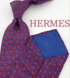 美品 エルメス ネクタイ ハイブランド 幾何学柄 ネイビー レッド 希少