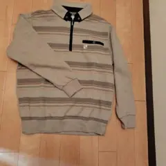 メンズジッパー付きグレーのストライプポロシャツ　Mサイズ