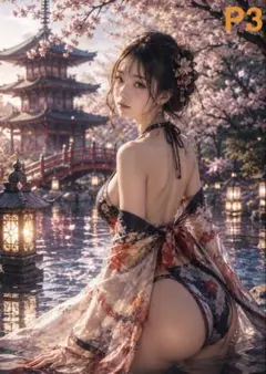 AI美女 グラビア 和風 桜 水着 ポスター A4 アート P3