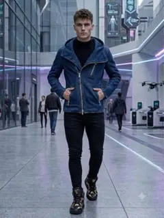 ⁠NO ID. ストレッチ デニム ライダースジャケット フーデッド 2⁠ 濃紺のサムネイル