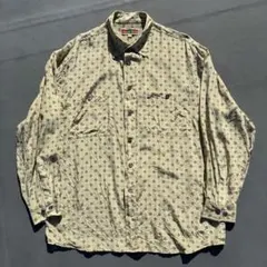 【極上の艶】90s シルク100% 総柄シャツ L 幾何学模様 貝ボタン レトロ
