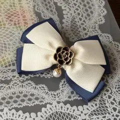 リボンバレッタ(ネイビー×ホワイト)
