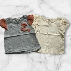 ラブアンドピースアンドマネー✨Tシャツ2枚セット90✨ドットシフォンリボンフリルのサムネイル