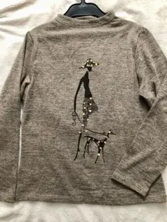 ハイネック長袖トップス 女性と犬のモチーフ スパンコール装飾　カットソー　M〜L