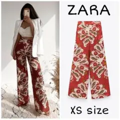 【完売品】ZARA　リネンブレンド　プリント　パンツ　XSサイズ　レッドのサムネイル