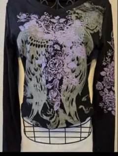 グランジ y2k ピチT 短丈長袖平成ギャルロンTブラック黒薔薇バラ