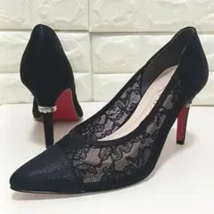 ヒール高8.5★MELMO ポインテッドトゥ レース レッドソール パンプス　黒のサムネイル