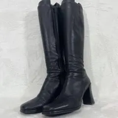 ダイアナ スクエアトゥ 太ヒール サイドジップ ロングブーツ 黒 23.5