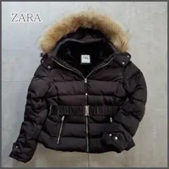 3*☆様 ZARA ファー付きダウンジャケット ベルト 撥水 ブラック ショート