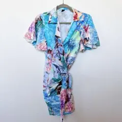 SHEIN【S】花柄 カシュクール ワンピース 半袖 ひざ丈 マルチカラー