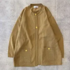 ニットカーディガン マスタード ウール混 ノーカラー M 長袖