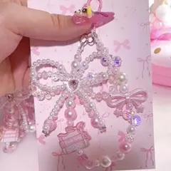 二重リボンキーホルダー　ピンク