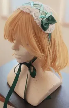 ハンドメイド ヘッドドレス 緑と白のレース