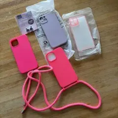 iPhoneケース5点 ピンク紫ストラップ付きラインストーンカメラレンズカバー