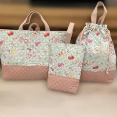 セール品！！リボンとハートのレッスンバッグ3点セットハンドメイド