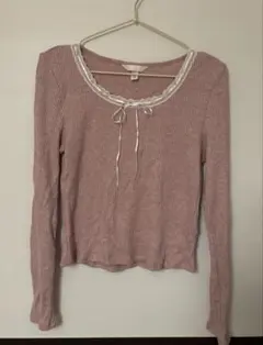 H&M レーストリム リブトップス ピンク S ラメ