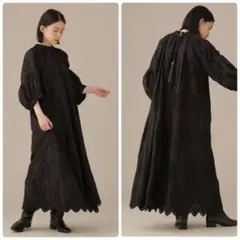 新品 ナノユニバース LB.03 ネックギャザーレース刺繍ワンピース 黒