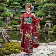 三越取扱】型友禅 振袖 正絹 古典柄 グリーン 牡丹 流水花 成人式 二十
