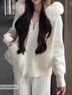 Shein ファー付きニットカーディガン ホワイト