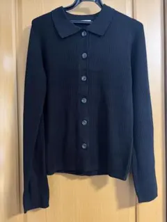 襟付きデザインリブ編みポロニットカーデ（長袖）　ブラック