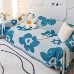 花柄毛布 ブルー・ライトブルー・オレンジ