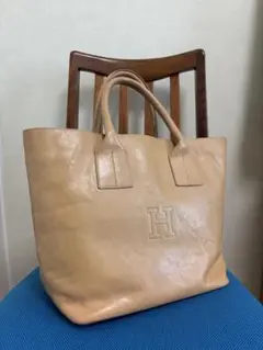 HIROFU ベージュ レザー トートバッグ ロゴ入り