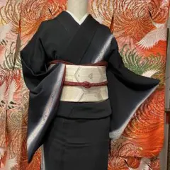付下げ　袷　正絹　黒　一ツ紋　縮緬地　疋田　身丈155裄64.5のサムネイル