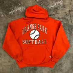 90s RUSSELラッセル カレッジ3段 スウェットパーカー USA製オレンジ