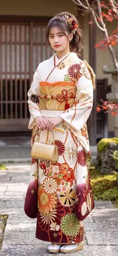 新品未使用！振袖フルセット・成人式・総絞り・大輪花模様・金彩加工・モダン 振袖 セット 未仕立て 仮絵羽 黄 イエロー 菊 梅 竹笹 花 正絹 西陣織