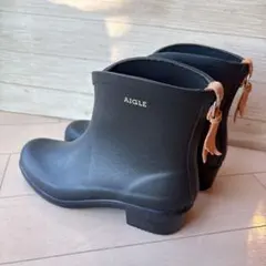 美品　AIGLE 黒　ショートブーツ バックタッセル付き　レインブーツ　23.5